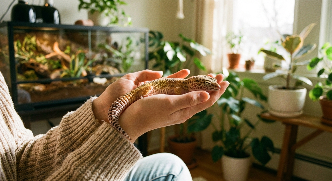 Calm leopard gecko being held gently showing friendly temperament