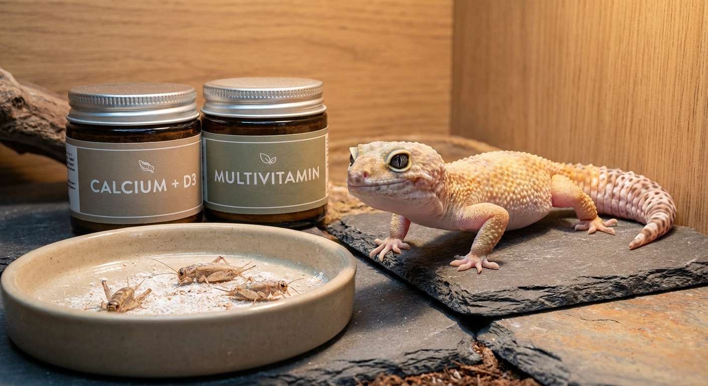 Calcium supplement jars beside a dish of dusted feeder insects near a gecko terrarium