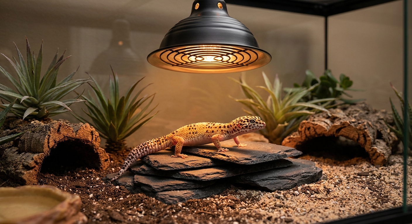 Deep heat projector lamp mounted above a leopard gecko basking on slate in a terrarium