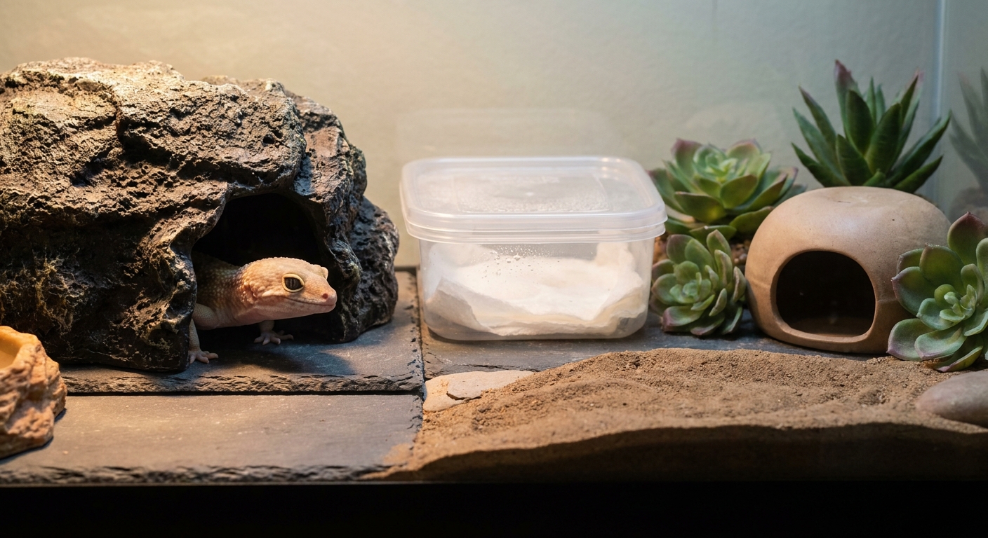 Three hides arranged in a leopard gecko terrarium with a gecko peeking from a rock cave