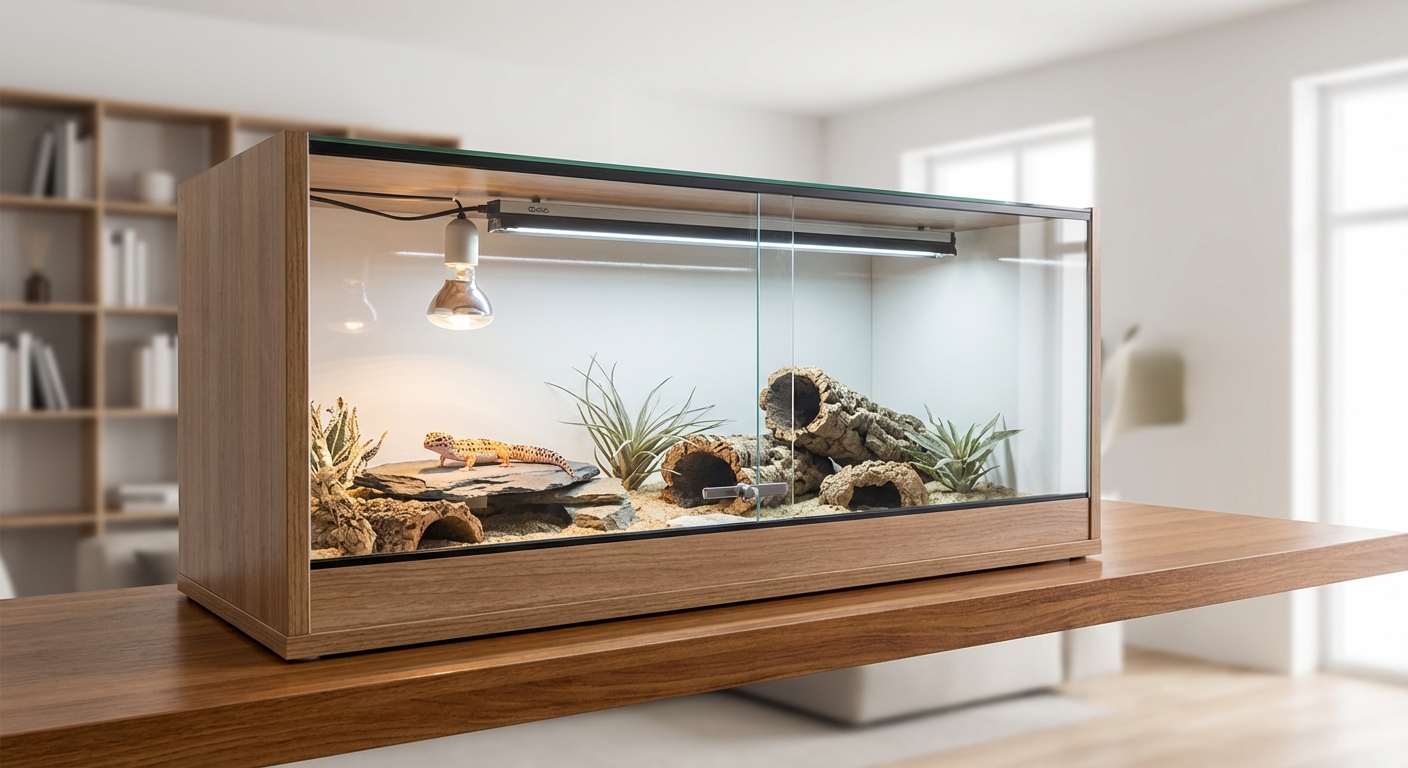 Leopard gecko terrarium setup with hides and substrate
