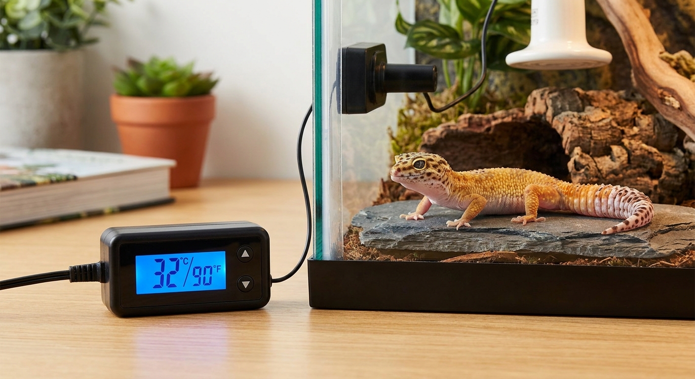 Digital reptile thermostat with probe wire running into a leopard gecko terrarium