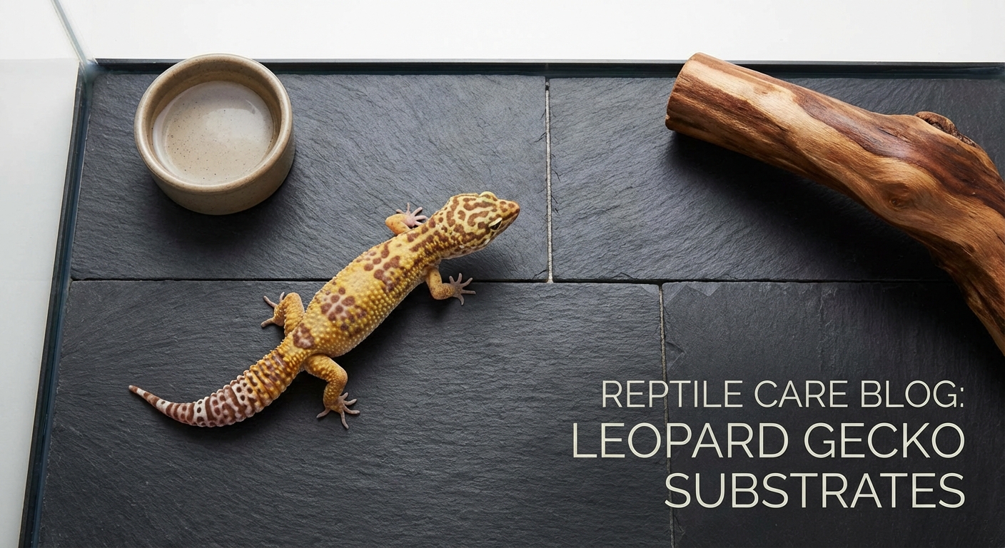 Leopard gecko enclosure showing various substrate options including slate tile