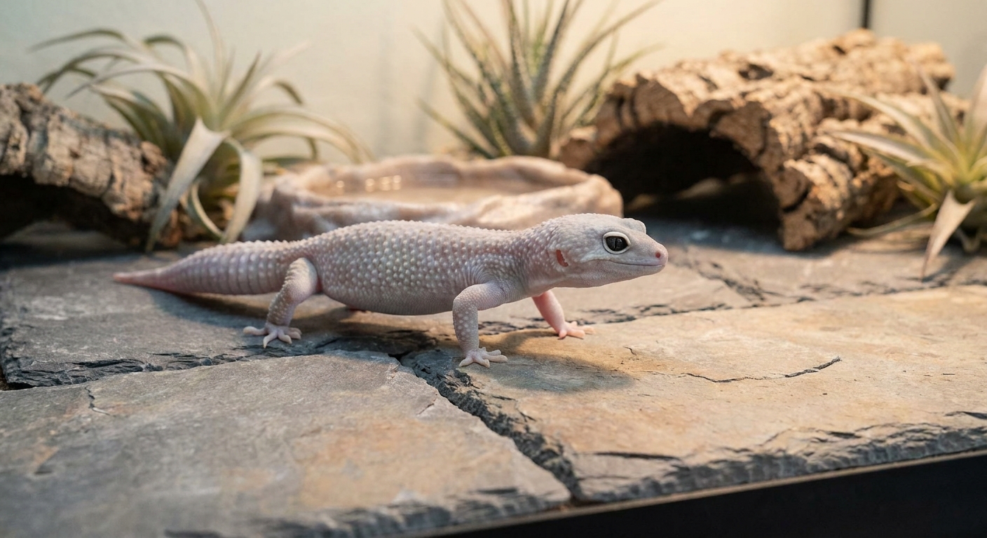 Patternless blizzard leopard gecko with solid pale coloration walking on slate tile