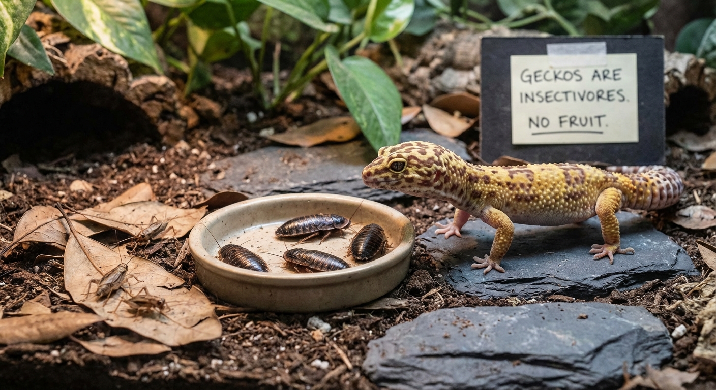 Leopard gecko with various feeder insects showing proper diet