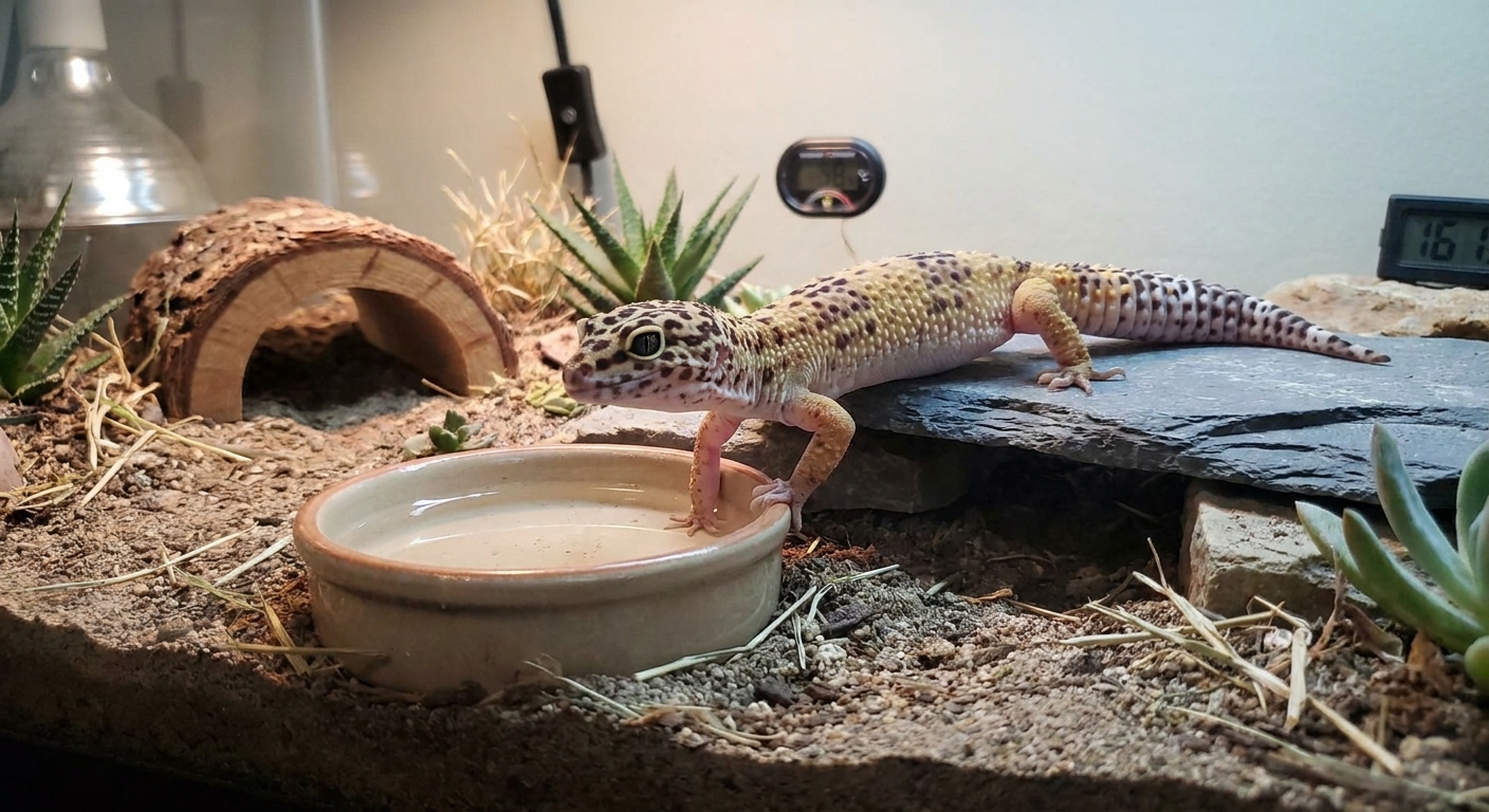 Leopard gecko cautiously dipping one foot at the edge of a shallow water dish