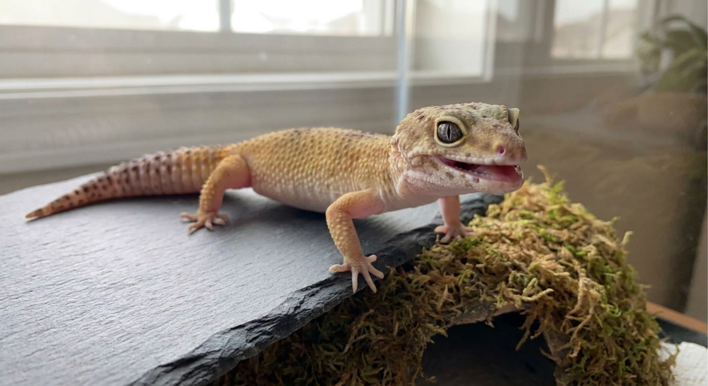 Close portrait of a leopard gecko with mouth slightly open in a defensive display