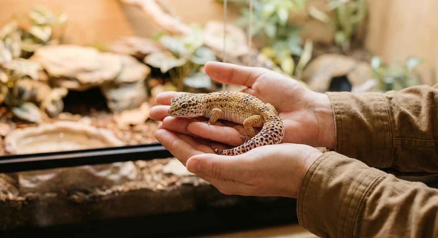 Two cupped hands gently holding a relaxed and settled leopard gecko