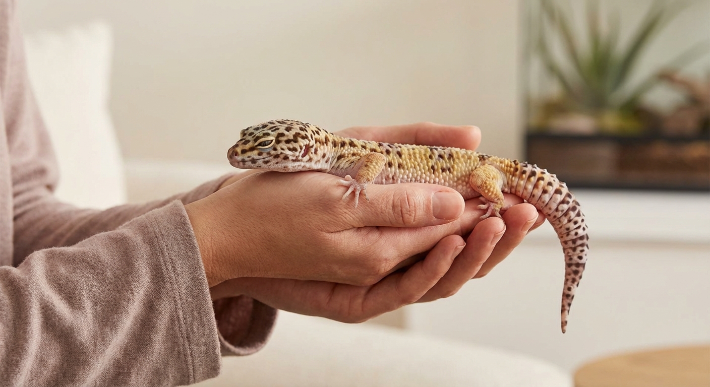 Person gently holding a calm leopard gecko showing proper handling technique