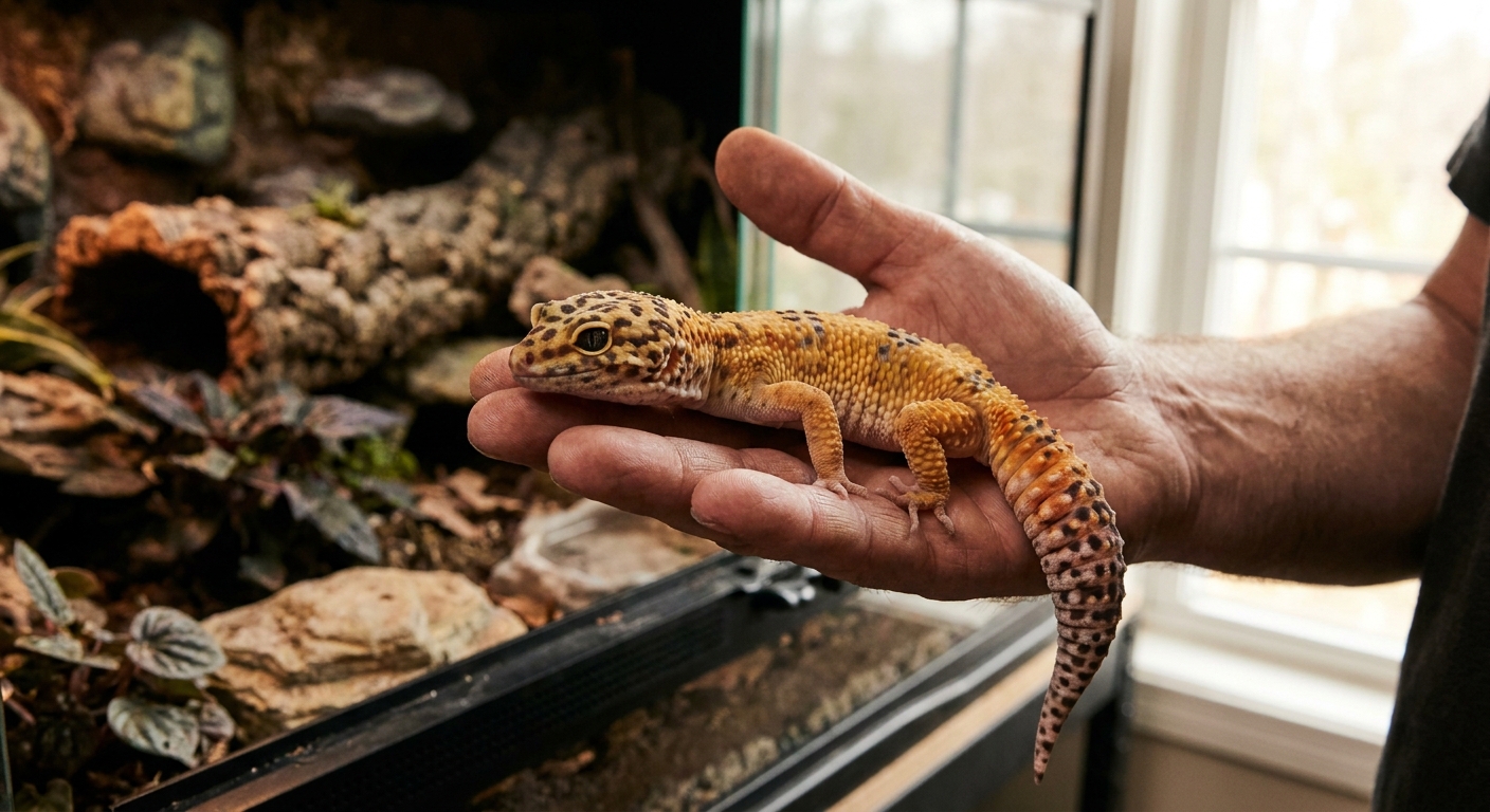 Calm leopard gecko resting on a keeper's open palm during a bonding session