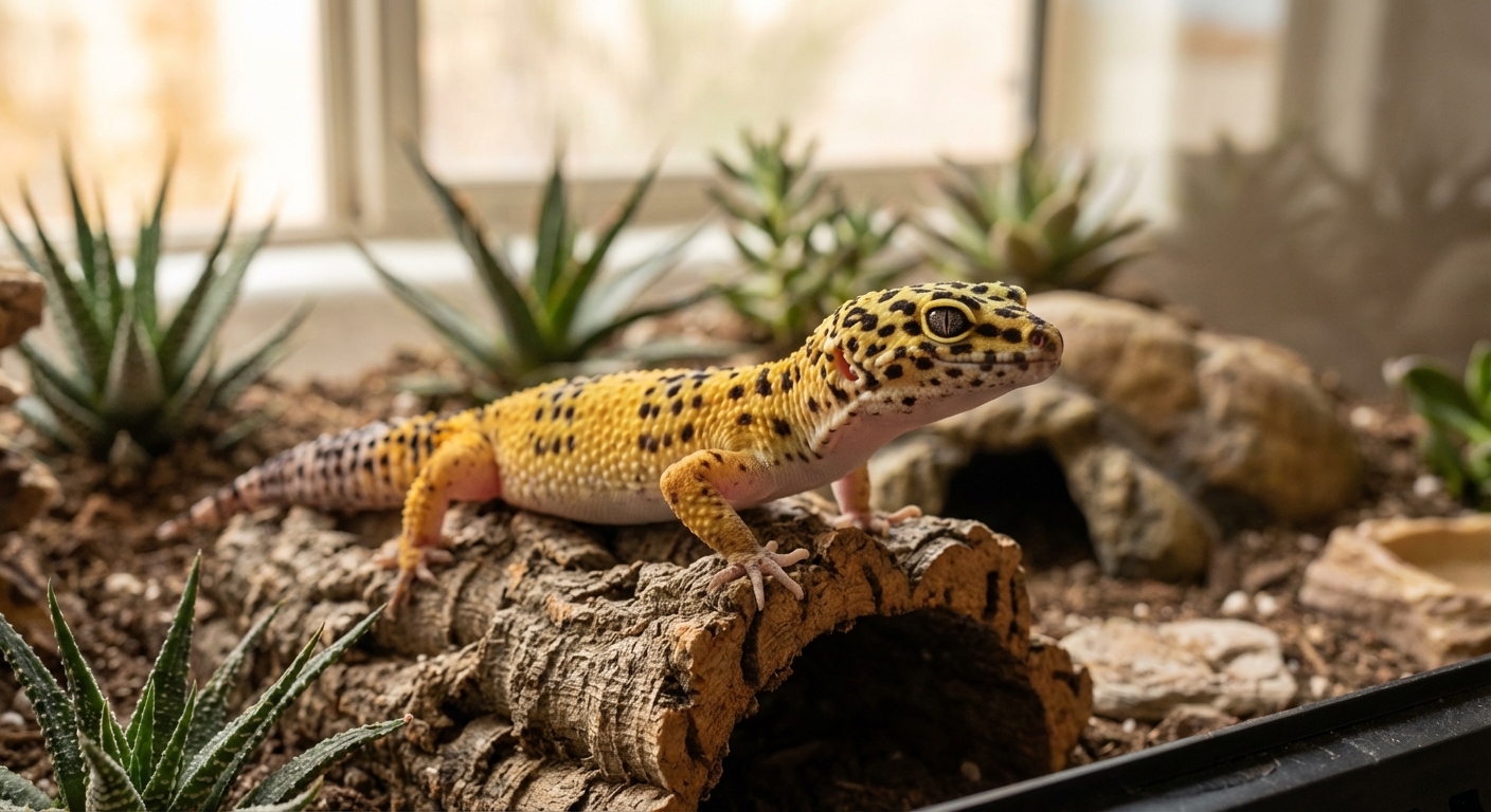 Healthy leopard gecko on rock in terrarium