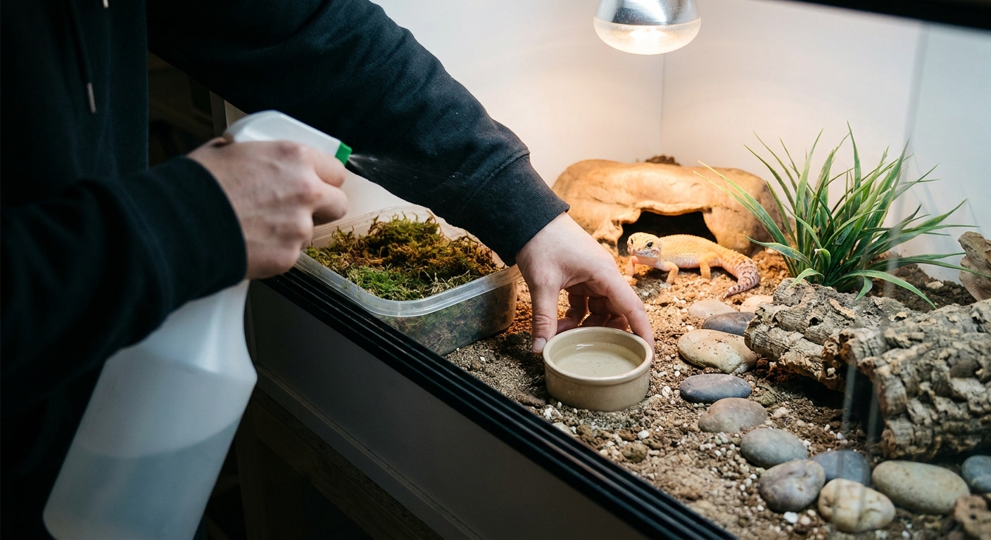 Keeper misting a humid hide and placing a water dish during a daily care routine