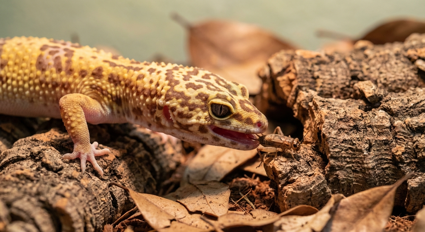 Leopard gecko eating cricket during feeding time
