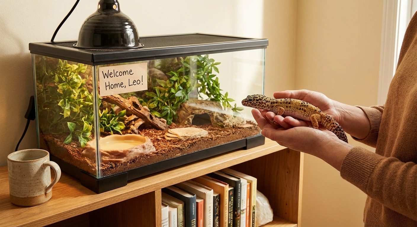 Friendly leopard gecko in a well-set-up beginner terrarium