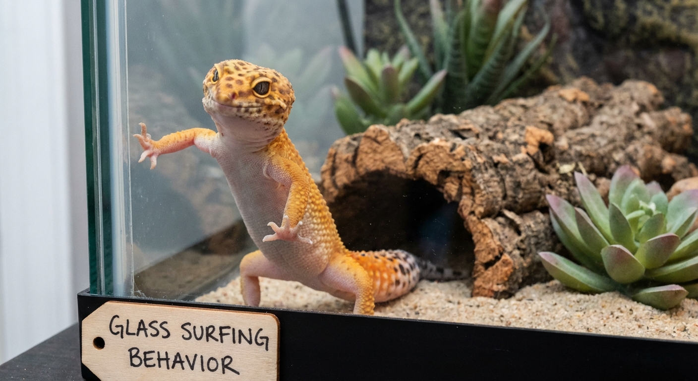 Leopard gecko standing against terrarium glass showing glass surfing behavior