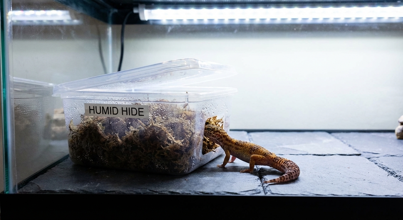 Leopard gecko humid hide setup with moist sphagnum moss