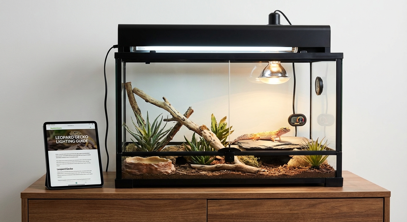 Leopard gecko enclosure with proper lighting setup showing light fixture