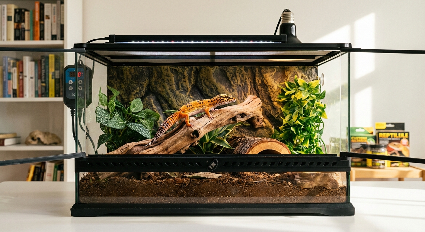 Leopard gecko with terrarium setup showing various equipment costs