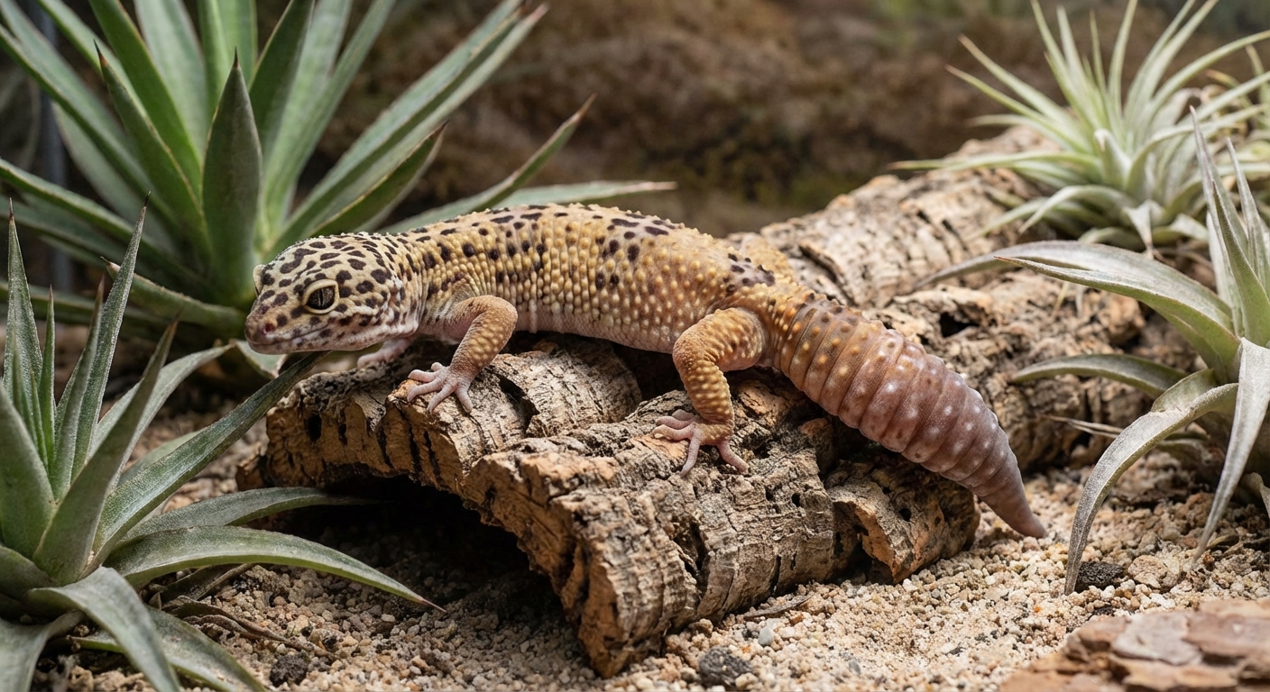 Leopard gecko with regenerated tail showing regrowth
