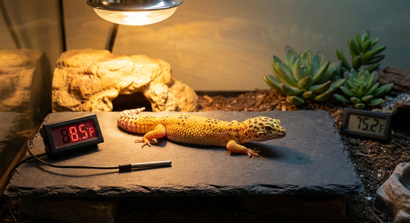 Leopard gecko basking on warm slate tile with digital thermometer showing temperature