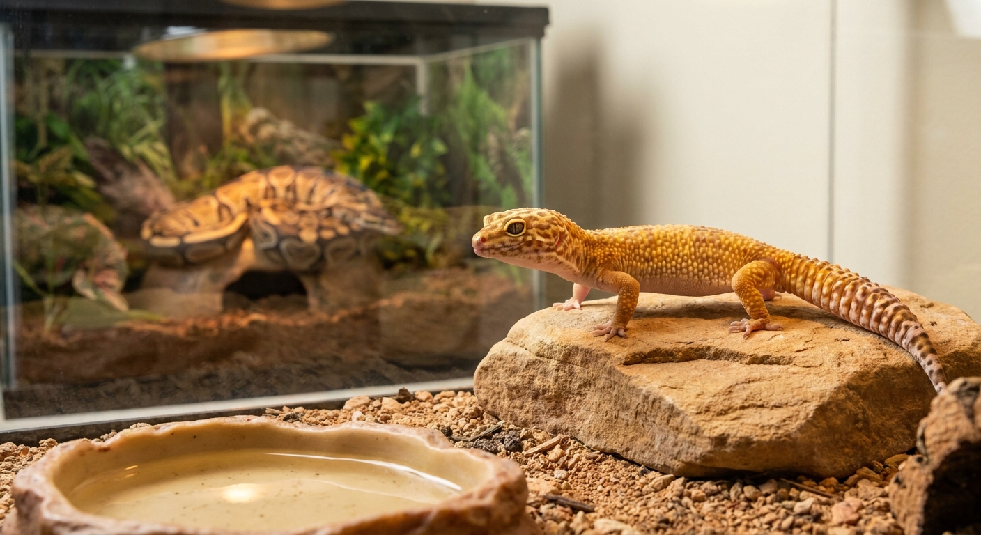 Leopard gecko on a rock with a coiled ball python resting in an enclosure behind