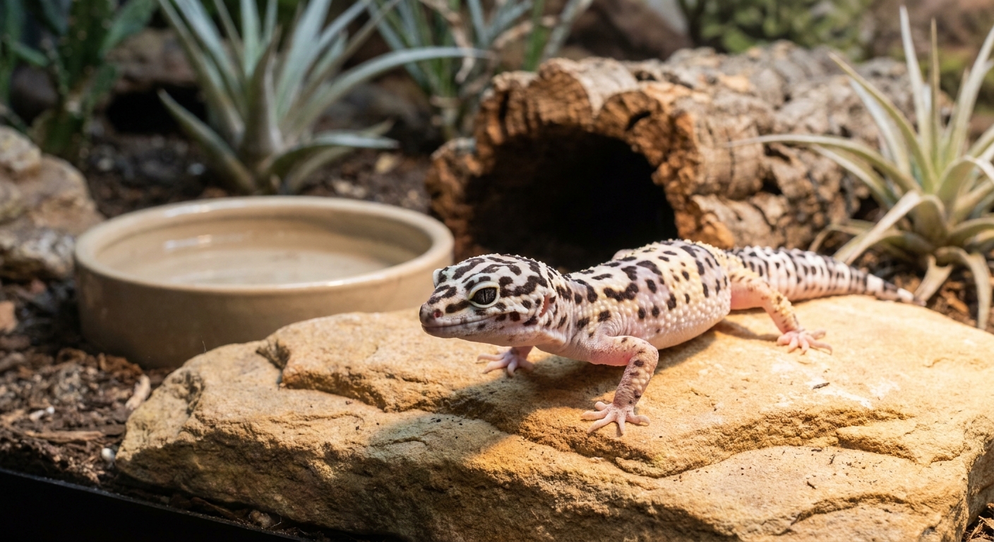 Mack snow leopard gecko with white and black banded coloration on light sandstone