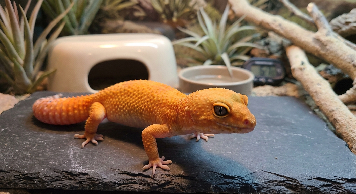 Vivid orange tangerine leopard gecko with saturated coloration on dark slate