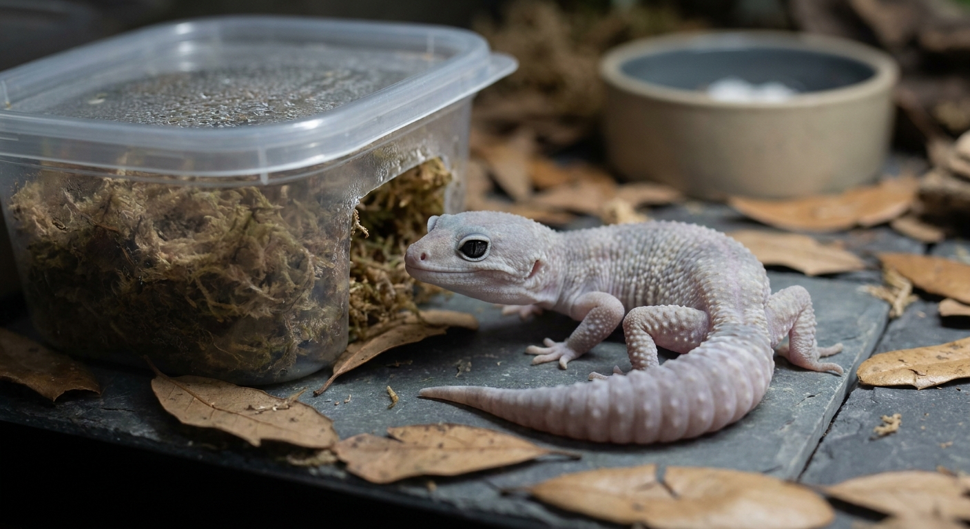 Leopard gecko with milky pale grey pre-shed coloration resting near its humid hide